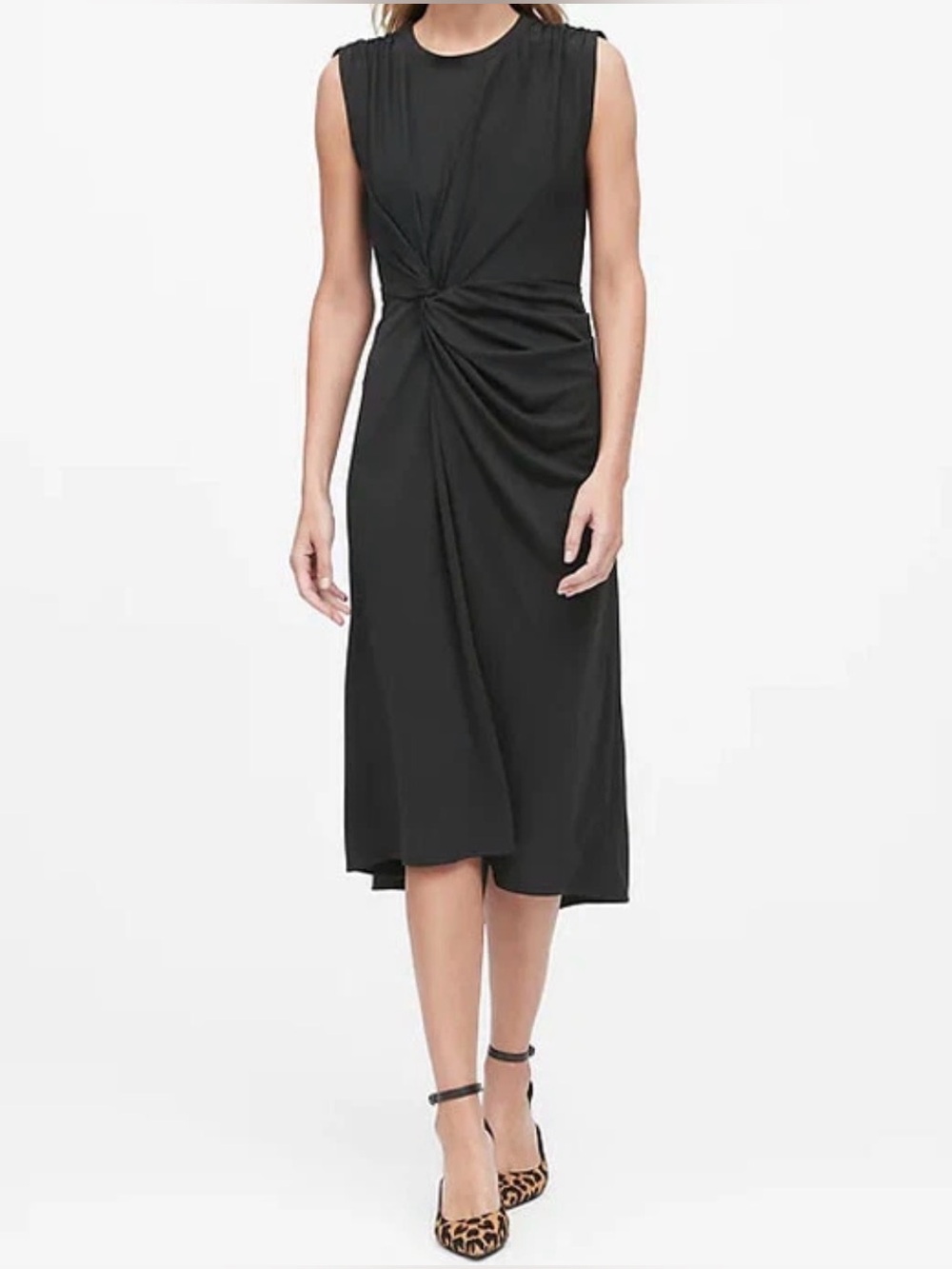 Banana Republic Elegant Black Sleeveless Twist-Front Midi Dress, Size XS